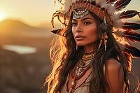 Portrait of an indigenous beautiful woman with feather headdress, war bonnet, Native American, feather decoration, generative AI, AI generated [IBR124891398]