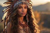 Portrait of an indigenous beautiful woman with feather headdress, war bonnet, Native American, feather decoration, generative AI, AI generated [IBR124891399]