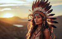 Portrait of an indigenous beautiful woman with feather headdress, war bonnet, Native American, feather decoration, generative AI, AI generated [IBR124891401]
