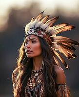 Portrait of an indigenous beautiful woman with feather headdress, war bonnet, Native American, feather decoration, generative AI, AI generated [IBR124891402]