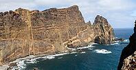Cliff landscape by the sea, Ponta de Sao Lourenco, landscape at the eastern end of the island, Madeira Island, Portugal [IBR124899442]