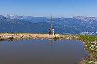 Landscape panorama, summit cross, mountains, lake, hiker, reflection, Tennengau, relaxation [IBR124899491]
