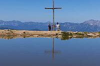 Landscape panorama, summit cross, mountains, lake, hiker, reflection, Tennengau, relaxation [IBR124899496]