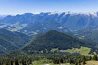 Landscape panorama, summit cross, mountains, lake, hikers, alpine pastures, Tennengau, relaxation [IBR124899497]