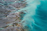 Aerial view from above of the Gelscher river courses on the edge of Lake Pukaki, New Zealand [IBR124899546]