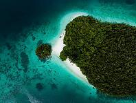 Aerial view from top to bottom of a small tropical island with turquoise water, white sandy beach and a boat, Pulau Wayag, Raja Ampat, West Papua, Indonesia [IBR124899556]
