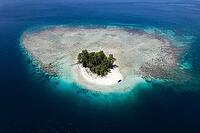 Aerial view of a small tropical island with white sandy beach and a boat and a presented reef, Raja Ampat, West Papua, Indonesia [IBR124899561]