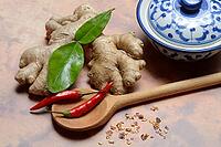 Ginger, ginger root with kaffir lime leaf and chili pepper [IBR124899850]