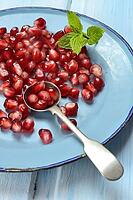 Pomegranate seeds and spoons on plate, Punica granatum [IBR124899852]