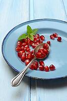 Pomegranate seeds and spoons on plate, Punica granatum [IBR124899858]