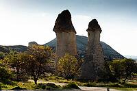 Unique mushroom-shaped fairy chimneys and ancient cave dwellings in Pasabag Monks Valley, Cappadocia, Turkey [IBR124899885]