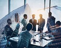 Double exposure image of business people with a modern city. Concept of teamwork, AI generated [IBR124899895]