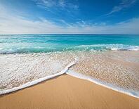 Beautiful sandy beach with sky. Travel summer holiday background concept, AI generated [IBR124899896]