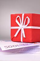 Red gift box on the batch of euro notes [IBR124906343]