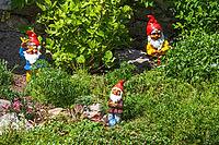 Colourful garden gnomes in a garden, Gmund am Tegernsee, Gmund, Upper Bavaria, Bavaria, Germany [IBR124920238]