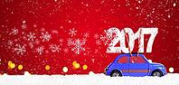 Blue retro toy car delivering Christmas or New Year 2017 on festive red background [IBR124944050]