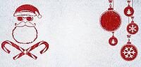 Bad Santa Claus and decorative balls symbols handwritten on christmas or new year card made of snow background with red craft paper below [IBR124944062]