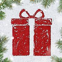 Christmas card or new year background made of gift box handwritten on snow and fir-tree branches over red craft paper [IBR124944088]
