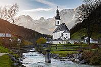 Autumn view of St. Sebastian parish church against Reiter Aple, Bavaria, Germany [IBR124944102]