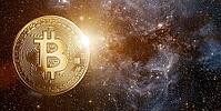 Bitcoin with rising sun behind, in starry space. Elements of this image furnished by NASA [IBR124944108]