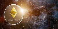 Ethereum with rising sun behind, in starry space. Elements of this image furnished by NASA [IBR124944112]