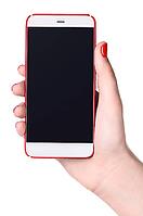 Feminine phone. Modern bezel-less smartphone with blank screen in female hand isolated on white background [IBR124944120]