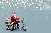 Santa Claus on scooter delivering Christmas or New Year gifts at snowy blue background [IBR124944124]