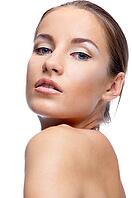 Close-up portrait of beautiful blue eyed caucasian model on white [IBR124968399]