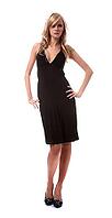 Portrait of beautiful blonde model poses in black dress [IBR124968437]