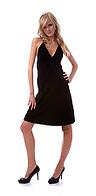 Portrait of beautiful blonde model poses in black dress [IBR124968466]
