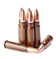 Scratched ammunition for AK-47 on a white background [IBR124991083]