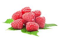 Fresh raspberry with green leaf on white background [IBR124991149]