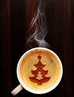 Cup of fresh coffee on table, view from above [IBR125000250]