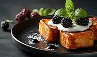 Crispy french toast with yogurt and blackberries, topped with a sprig of mint on a dark ceramic plate. AI generated [IBR125000260]