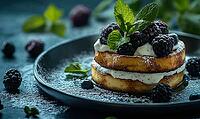 Crispy french toast with yogurt and blackberries, topped with a sprig of mint on a dark ceramic plate. AI generated [IBR125000261]