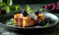 Crispy french toast with yogurt and blackberries, topped with a sprig of mint on a dark ceramic plate. AI generated [IBR125000262]