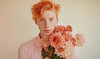 A portrait of a young man with coral-colored hair, holding a bouquet of coral dahlias at his side. AI generated [IBR125000264]