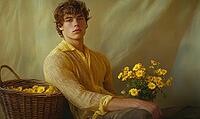 Full body portrait of a young man with golden brown hair, yellow daisies in a wicker basket. AI generated [IBR125000266]
