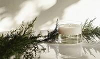 Minimalist candle arrangement with a single white candle in a transparent holder, surrounded by green fir branches. AI generated [IBR125000267]