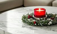 Modern white marble coffee table with a single silver candle holder, red candle lit. AI generated [IBR125000268]