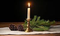 Simple tabletop setup with a brass candlestick and a single white candle, surrounded by small green pinecones. AI generated [IBR125000274]