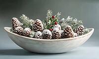 White ceramic bowl filled with snowy pinecones and a small sprig of holly, set against a muted blue-gray background. AI generated [IBR125000280]