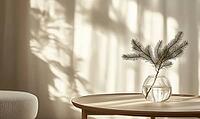 Scandinavian coffee table with a single fir branch in a transparent glass jar, light wood furniture. AI generated [IBR125000282]