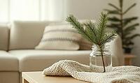 Scandinavian coffee table with a single fir branch in a transparent glass jar, light wood furniture. AI generated [IBR125000283]