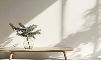 Scandinavian coffee table with a single fir branch in a transparent glass jar, light wood furniture. AI generated [IBR125000284]