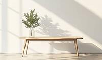 Scandinavian coffee table with a single fir branch in a transparent glass jar, light wood furniture. AI generated [IBR125000287]