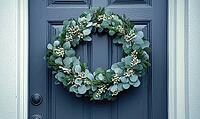 Simple holiday wreath made of pine branches and small white berries, hanging on a light gray wall. AI generated [IBR125000290]