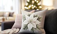 Warm taupe pillow with a detailed white poinsettia print and pale pink accents. AI generated [IBR125000294]