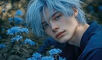 Closeup portrait of a young man with pale blue hair, holding blue flowers. AI generated [IBR125000298]