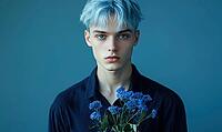 Closeup portrait of a young man with pale blue hair, holding blue flowers. AI generated [IBR125000299]
